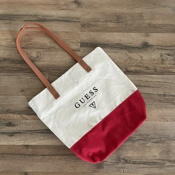 Vtg Guess Los Angeles Beige Red Canvas Tote - Picture 1 of 6